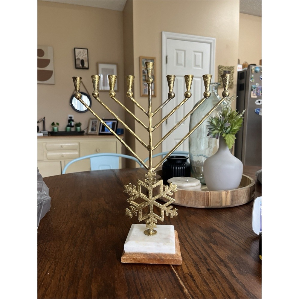 Metal Menorah With Snowflake Decor Hanukkah Brutalist Marble Wood Base See Photo